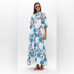 Oliphant White Maxi Dress with Blue and Red Floral Print